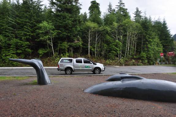 Fiona fica pequena perto de um modelo de baleia, em Sitka, no sudeste do Alaska